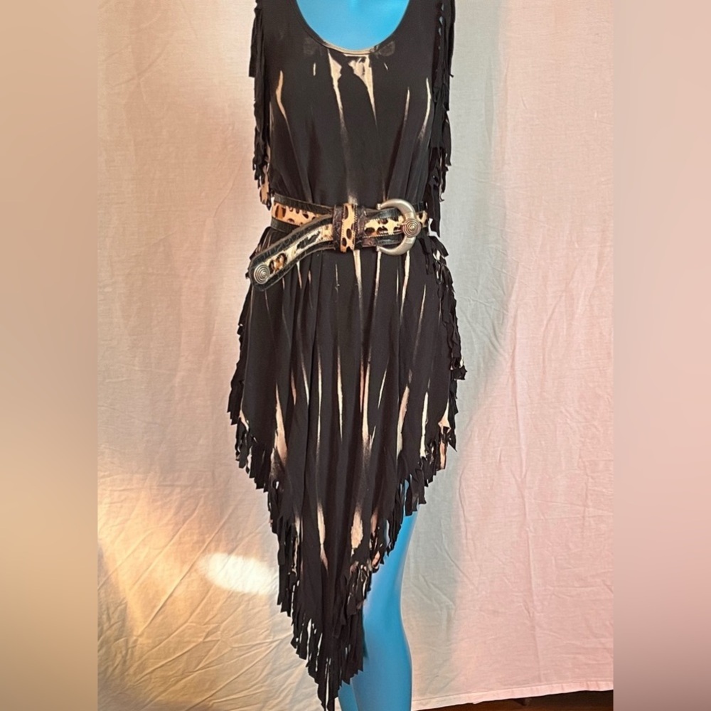 Fringe Tie-Dye 100% Rayon Hippie Boho Goth Bleached Black And White Dress OSFM